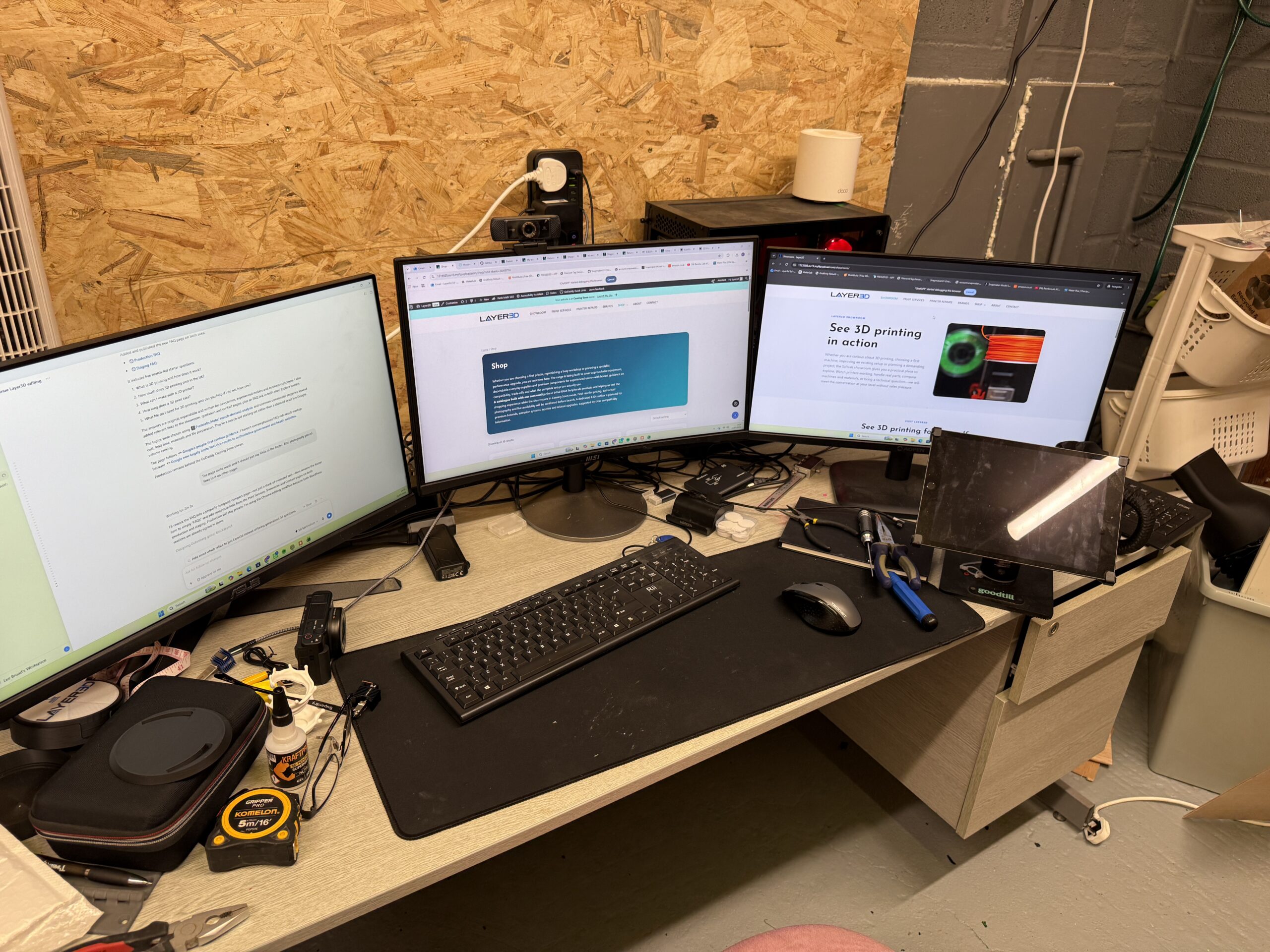 The original Layer3D workstation inside the converted garage